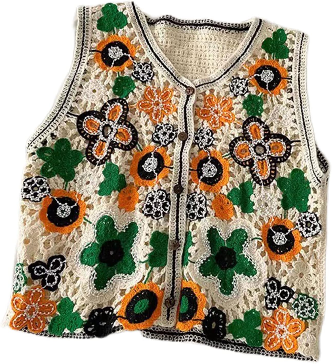 Hollow Crochet Knit Vest Waistcoat Beaded | Hollow Crochet Knit Vest Waistcoat Ethnic Beaded Embroidery Colorful Floral, V-Neck Button Shirts Top Beachwear
