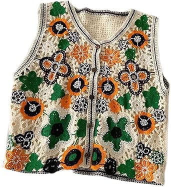 Women Hollow Crochet Knit Vest, Waistcoat Beaded Floral Button Crop Cardigan Top