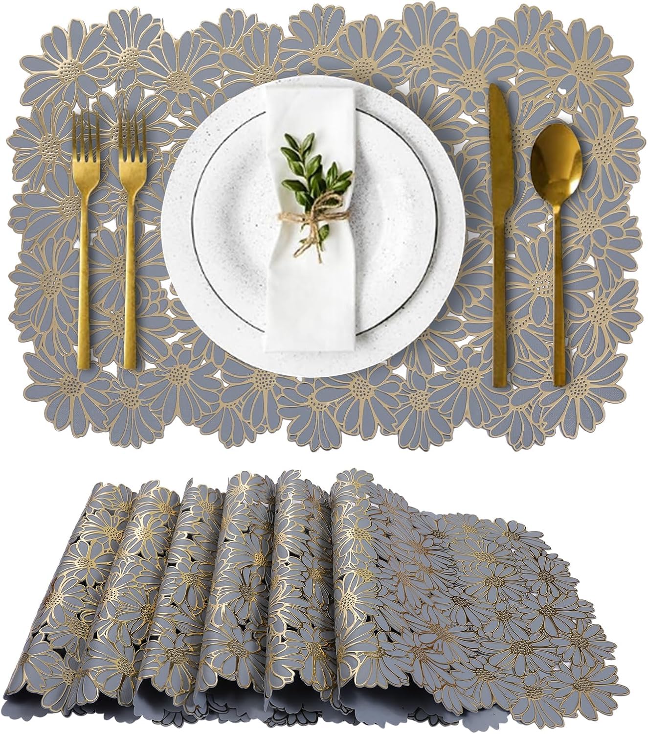 Washable Placemats Gold Flower Place Mat Blue PVC Table Mats Non Slip Heat Resistant Easy to Storage for Kitchen Garden Farmhouse Picnic Dining Table, Large (Large, 6, count)
