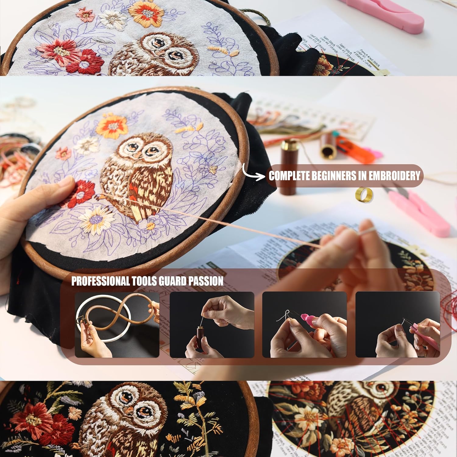 GOLDEN SMILE Embroidery Kit for Beginners Adults - 2-in-1 Frame & Display Hoop (8.2"/21cm), Water-Soluble Pattern, Full Reusable Tools for Easy Start | Owl Floral Art