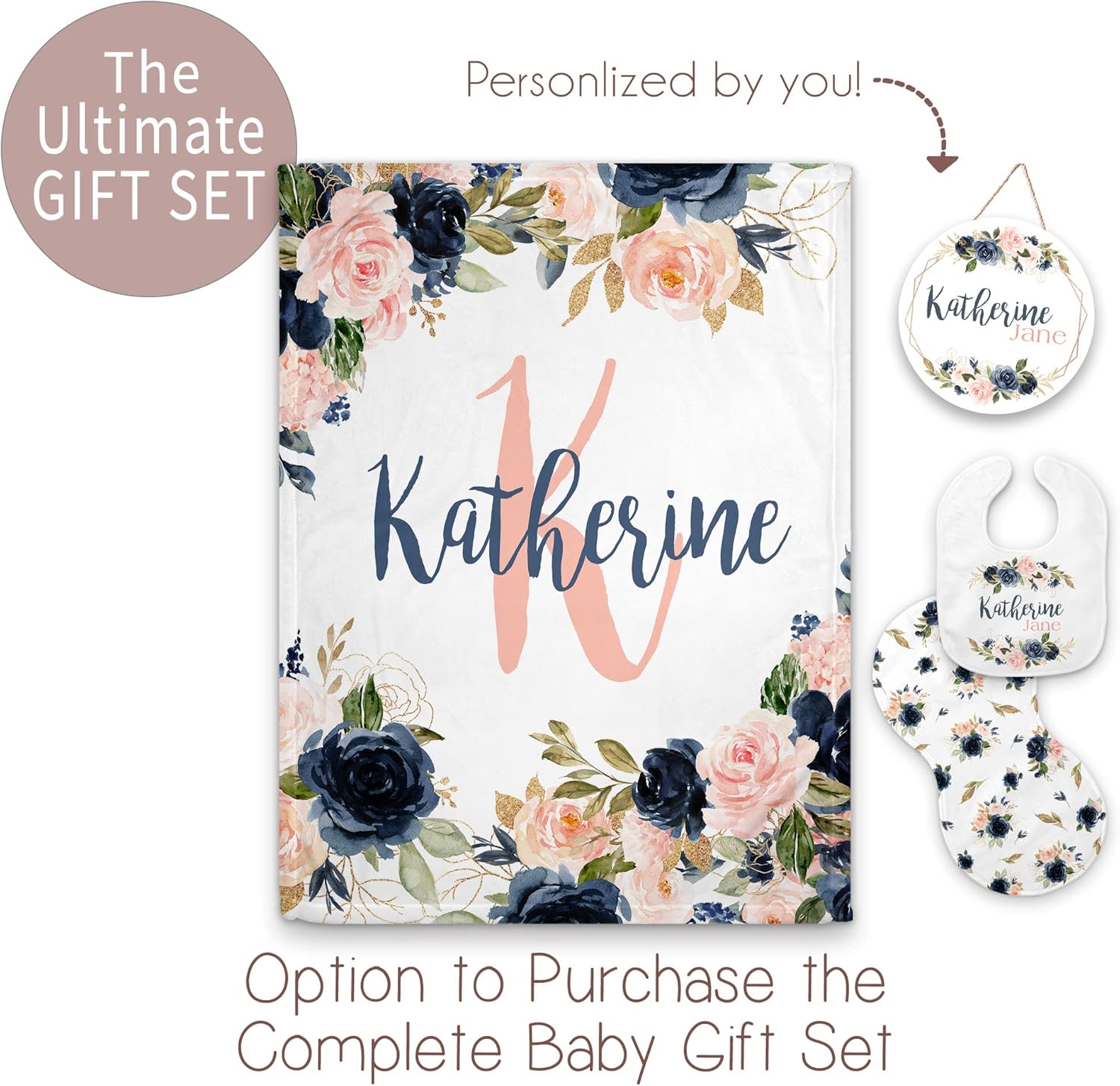 Girls Love A Monogram - Personalzied Custom Navy and Blush Floral Baby Blankets for Girls with Name Shower Gift (Navy & Blush, 30 X 40 Baby)