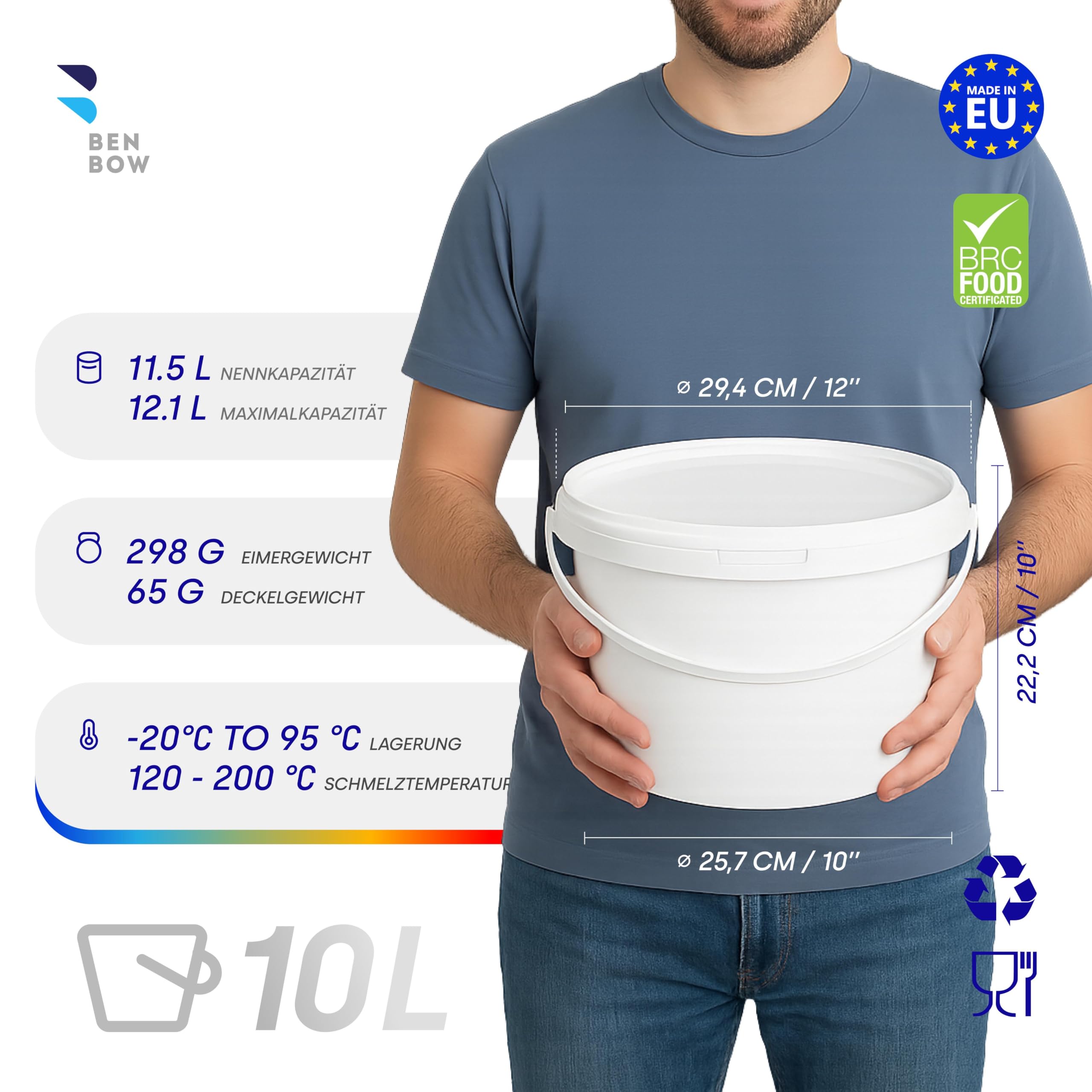 BenBow Eimer mit Deckel 10l weiß 5X 10l - lebensmittelecht, stabil, luftdicht, auslaufsicher, geruchsneutral - Aufbewahrungsbehälter aus Kunststoff, mit Henkel - lee