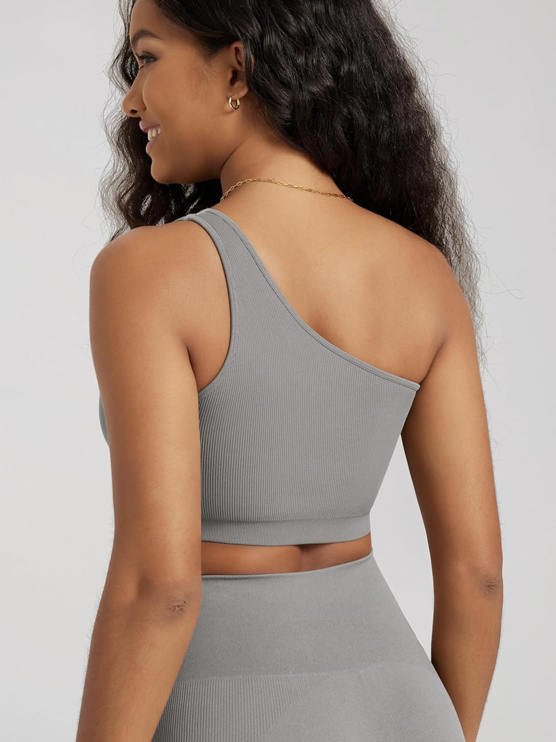 ODODOS Seamless One Shoulder Sports Bra for Women Ribbed Asymmetrical Non Padded Yoga Crop Tank Tops - Image 3