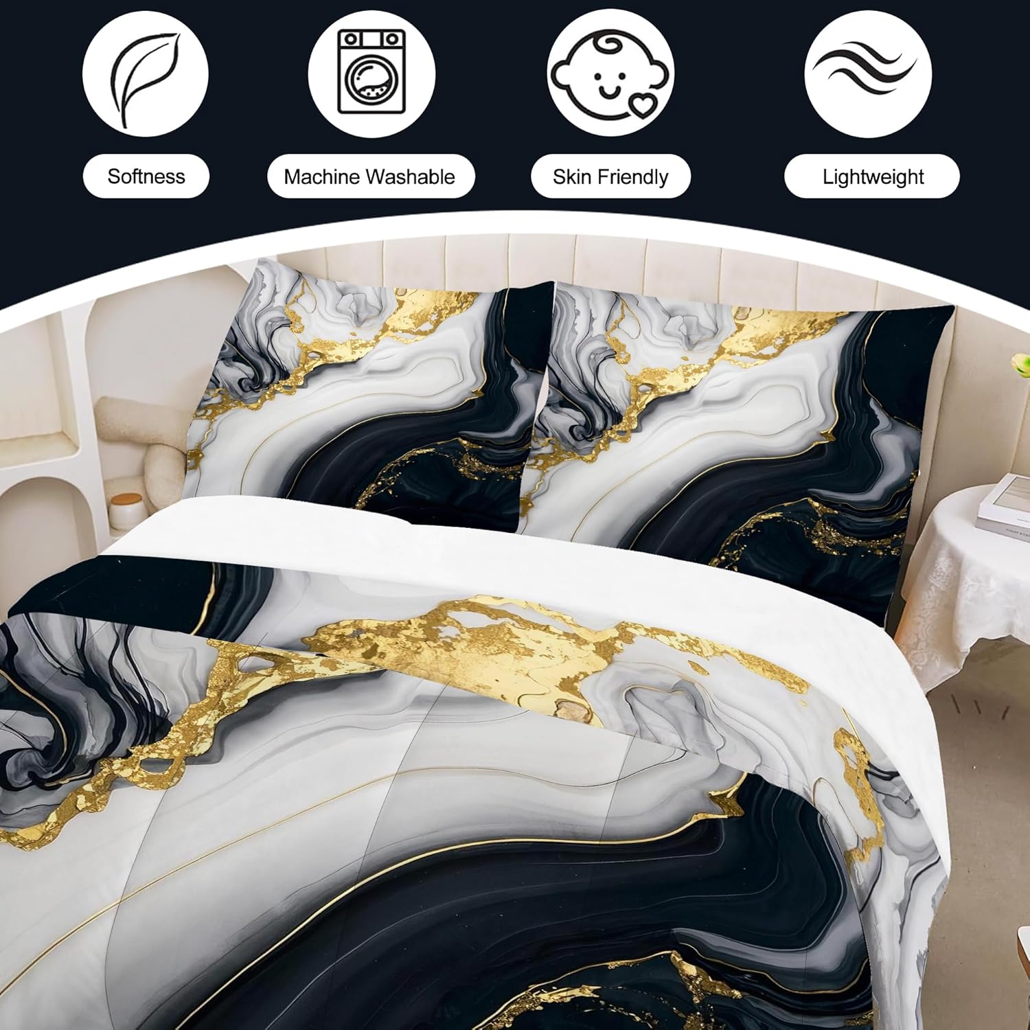 Abstract Marble Bedding Set for Kids Women Men Queen Size 3D Marble Comforter Set Black White Gold Quilt Set for All Age Marbling Quilt Set with 1 Comforter + 2 Pillowcases