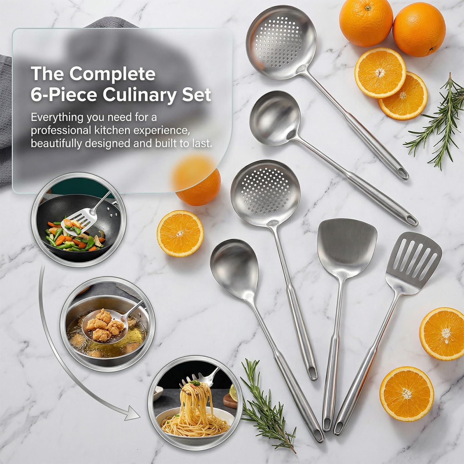 304 Stainless Steel 6 Piece Kitchen Utensils Set, Ergonomic | Anti-Scratch Cookware for Stoves, Long Handle, Heat Resistant, Dishwasher Safe, Ideal for Wok & Cooking