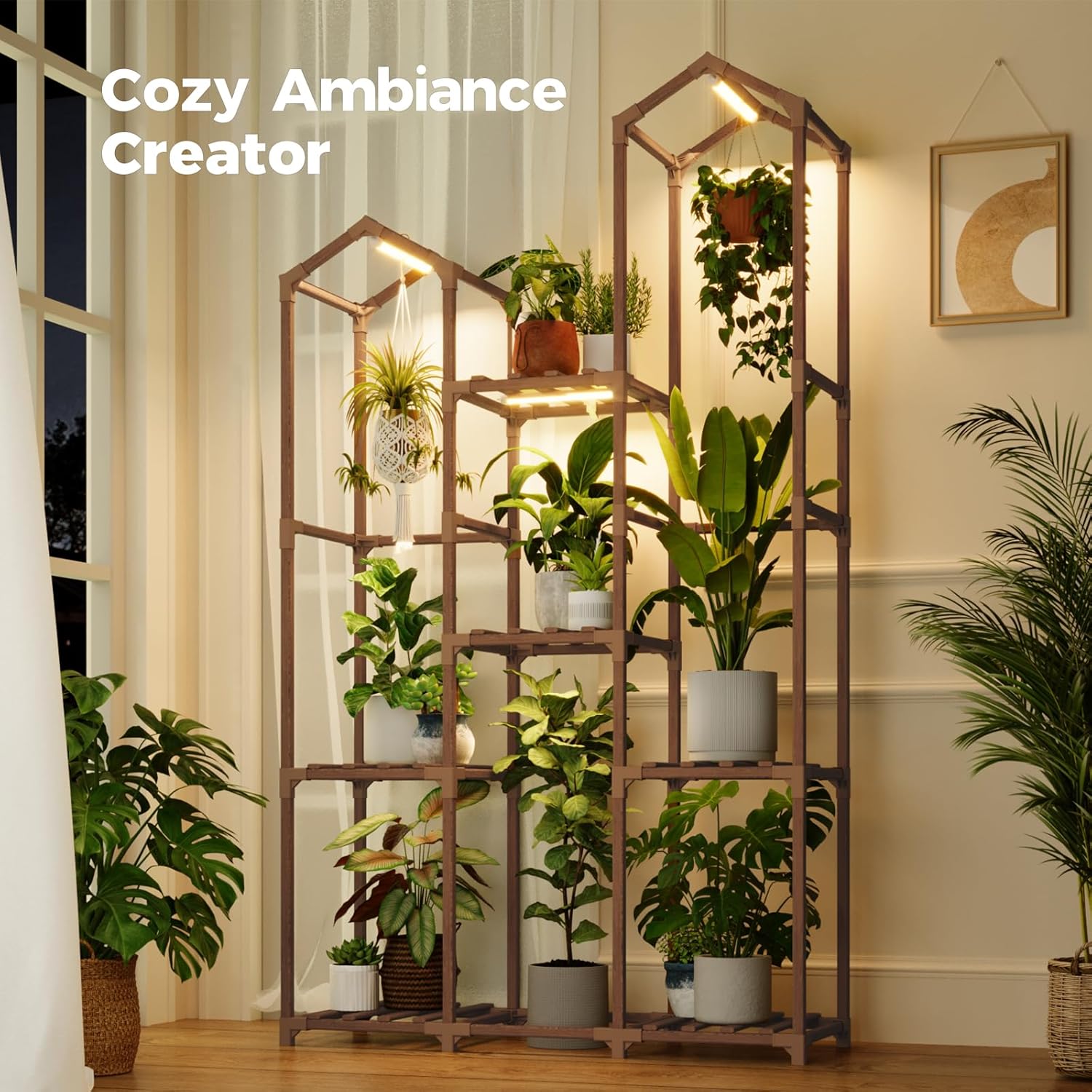 Bamworld Plant Stand Indoor with Grow Lights Wood Plant Shelf for Hanging Planter Pots Display Flower Stand for Living Room Patio Garden Decor