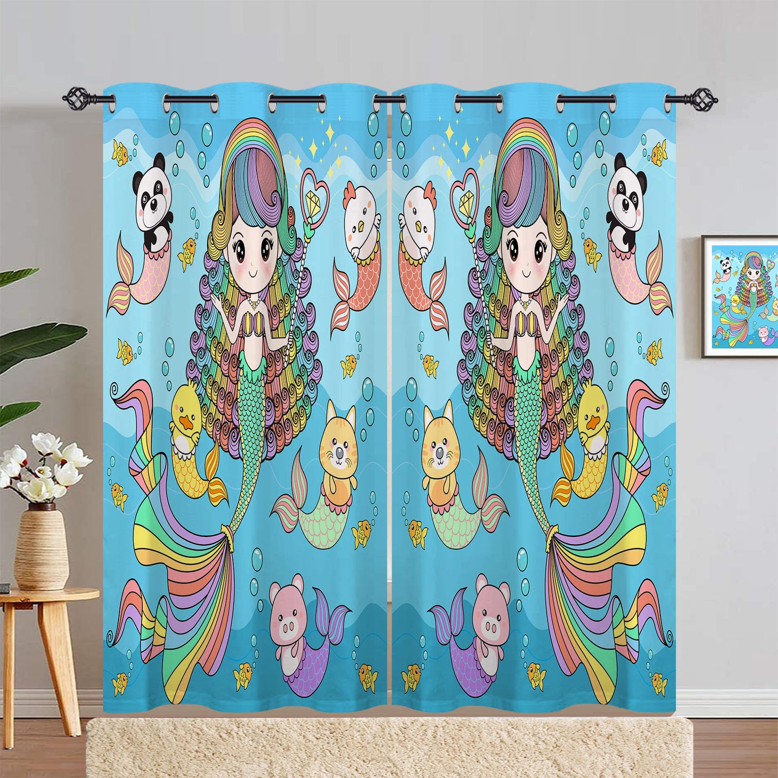 ANHOPE Mermaid Curtains Eyelet Ring Top Soft Thermal Insulated Blackout Curtains Princess Ocean Sea Animal Print Pattern Decorative Window Drapes for Bedroom Living Room 55 x 84 Drop Inch 2 Panels
