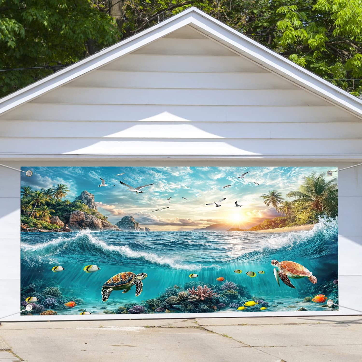 16X7ft Summer Under The Sea Garage Door Cover Decoration Background Beach Ocean Undersea Turtle Palm Tree Photography Backdrop Coral Sky Clouds Seaside Islands Sunset Decor Banner Cover