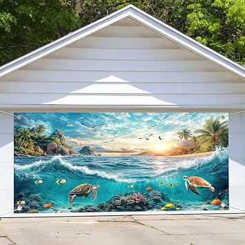 16X7ft Summer Under The Sea Garage Door Cover Decoration Background Beach Ocean Undersea Turtle Palm Tree Photography Backdrop Coral Sky Clouds Seaside Islands Sunset Decor Banner Cover