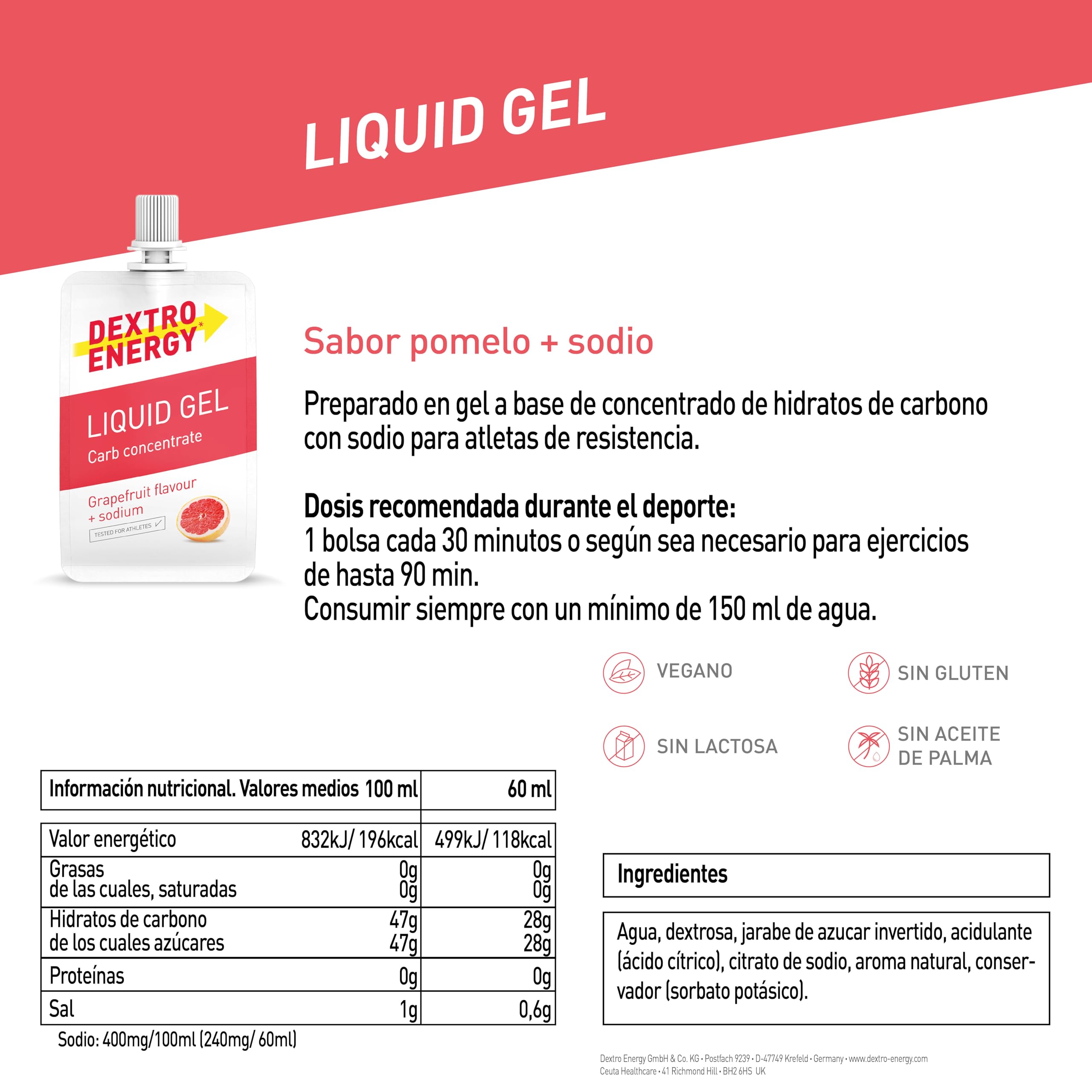 Dextro Energy Liquid Gel Pomelo + Sodio - 18x60 ml (Pack de 18) - High Carb Energy Gel para aporte rápido de carbohidratos + 240 mg de sodio