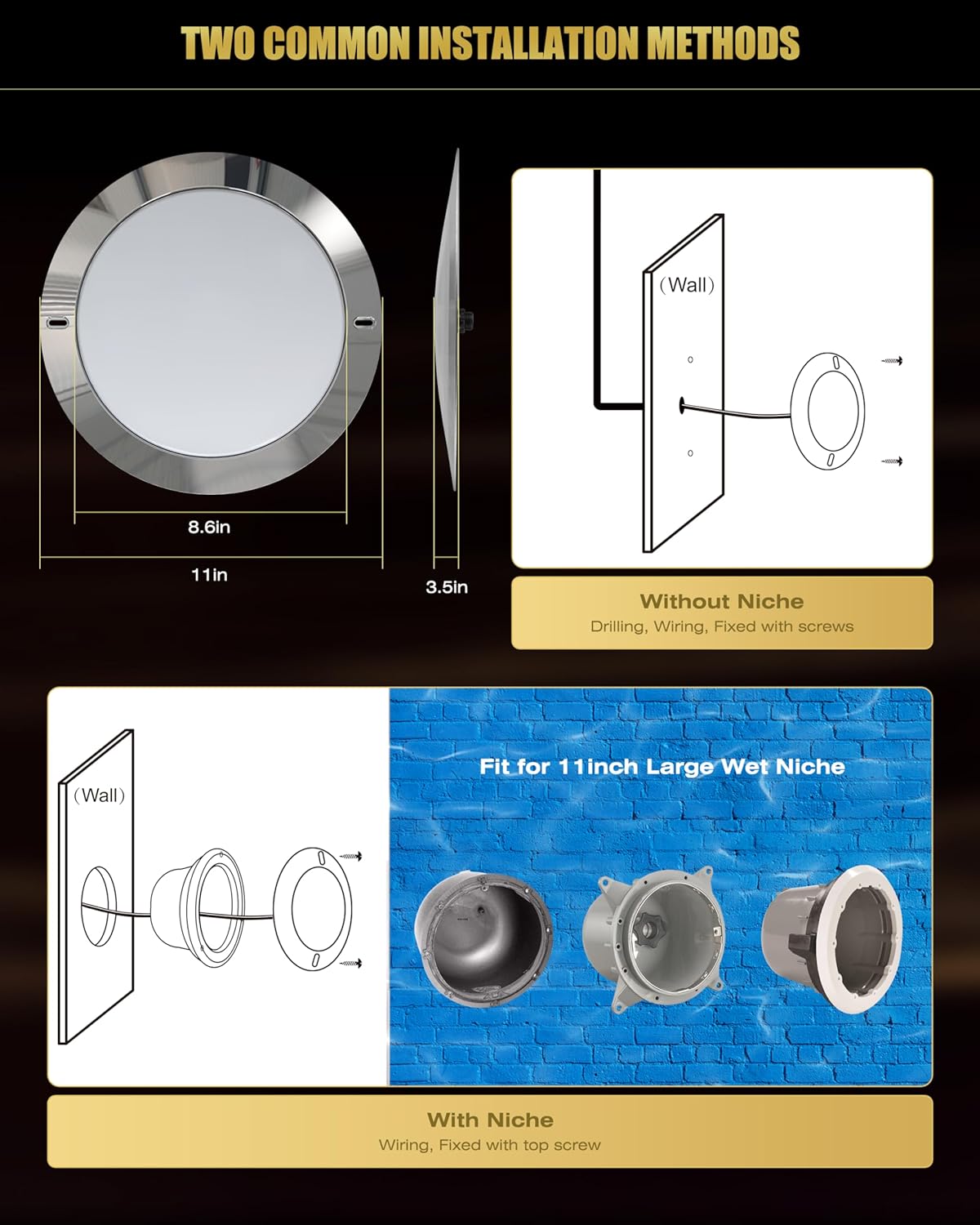Diagram illustrating two installation methods for the Goldlife P11 pool light: with a niche and without a niche (drilling installation)