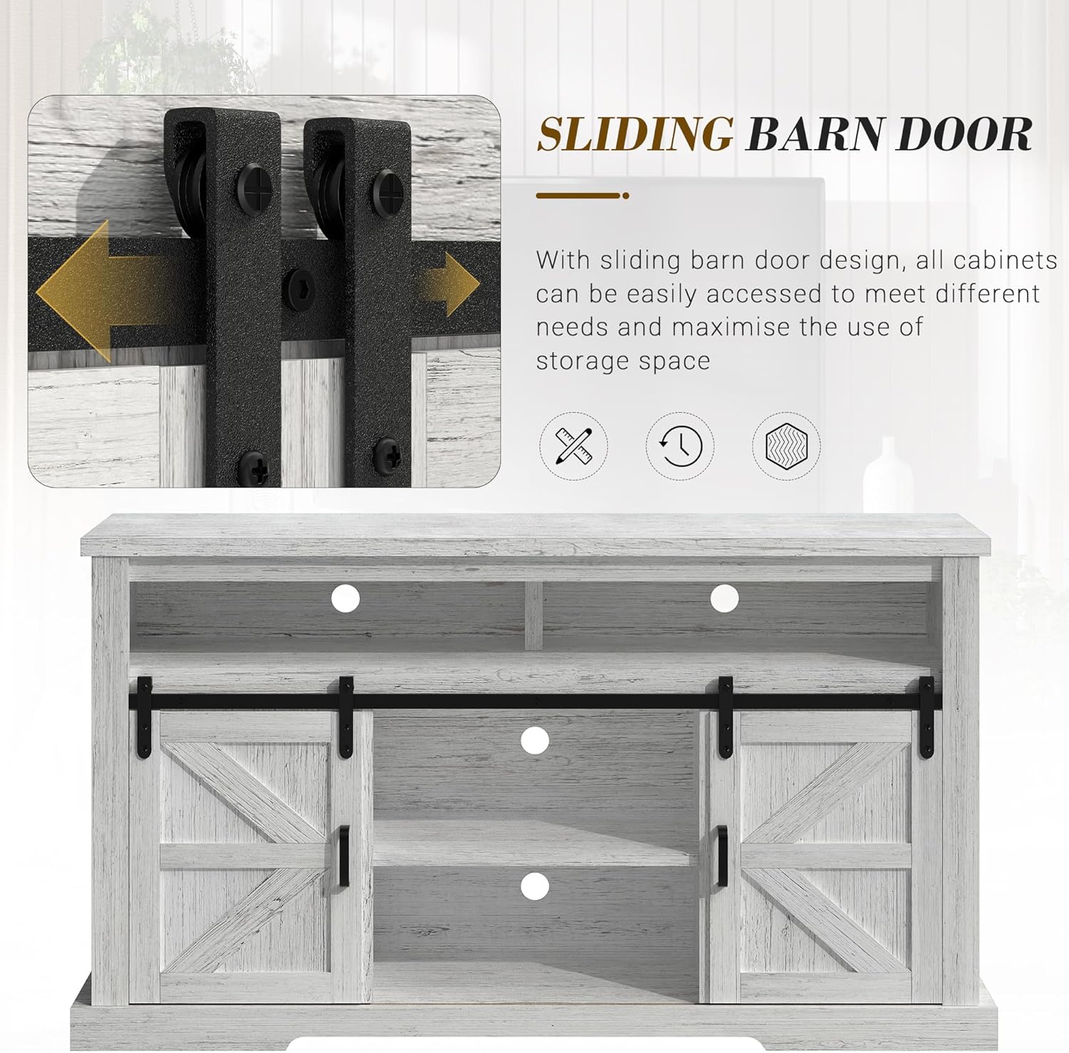 Fiona's magic TV Stand for 65+ Inch TV, Farmhouse Entertainment Center with Sliding Barn Doors, Wood Rustic Console Table with Storage Cabinets, TV Cabinet Media Console for Living Room (Light Oak)