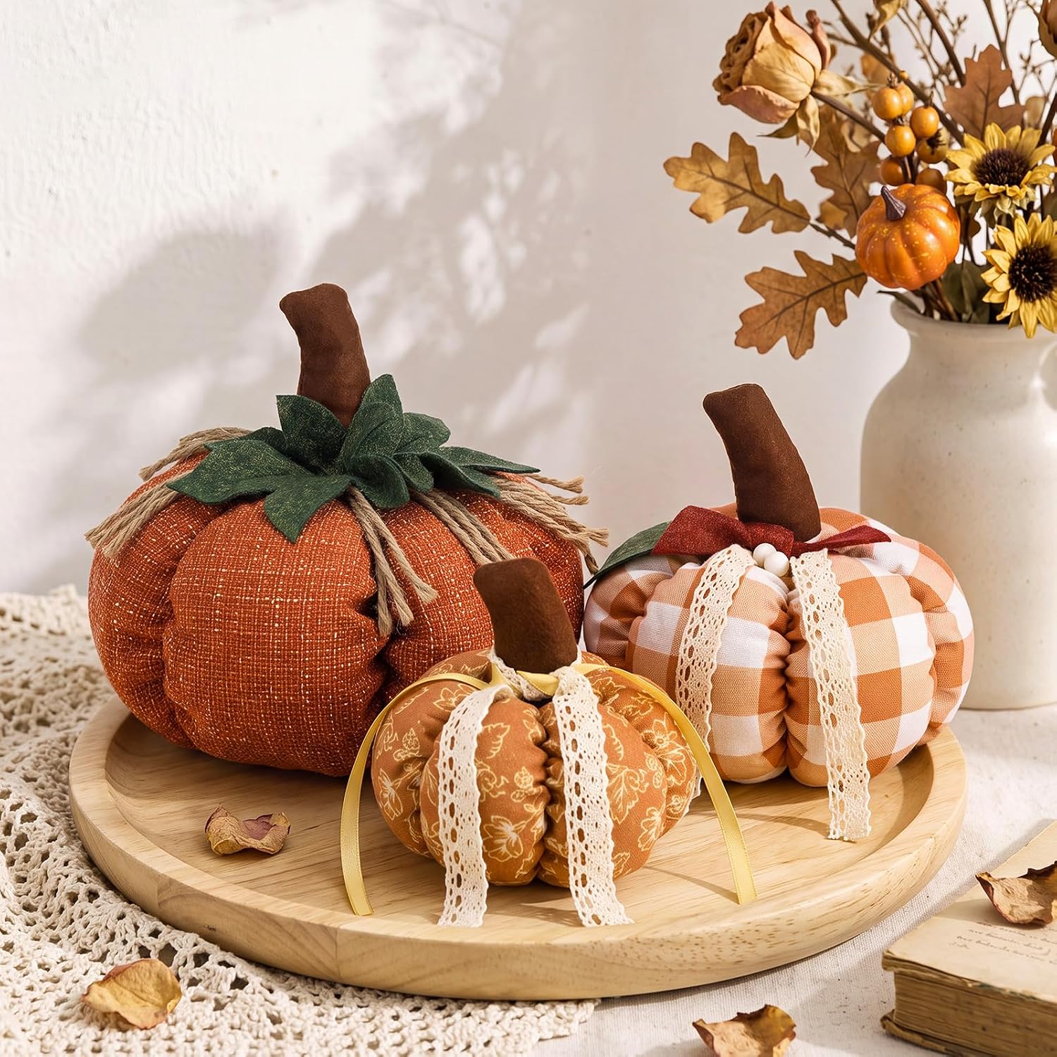 Foilswirl 3 Pcs Fall Fabric Pumpkins with Lace and Ribbon | Stuffed Cloth Pumpkin in Assorted Sizes, Floral Harvest Decoration for Thanksgiving, Farmhouse Mantel Table Centerpiece