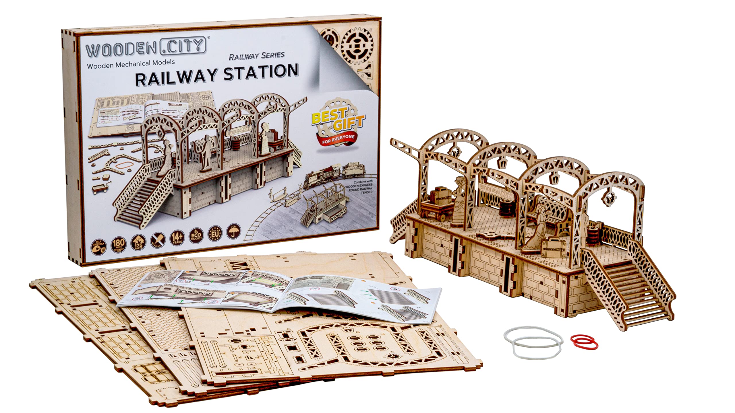 Wooden.City Drewniany model zestaw do budowania - stacja kolejowa - mechanika - urodziny dla nastolatków i dorosłych - Puzzle 3D DIY Toy - Cięcie laserowe