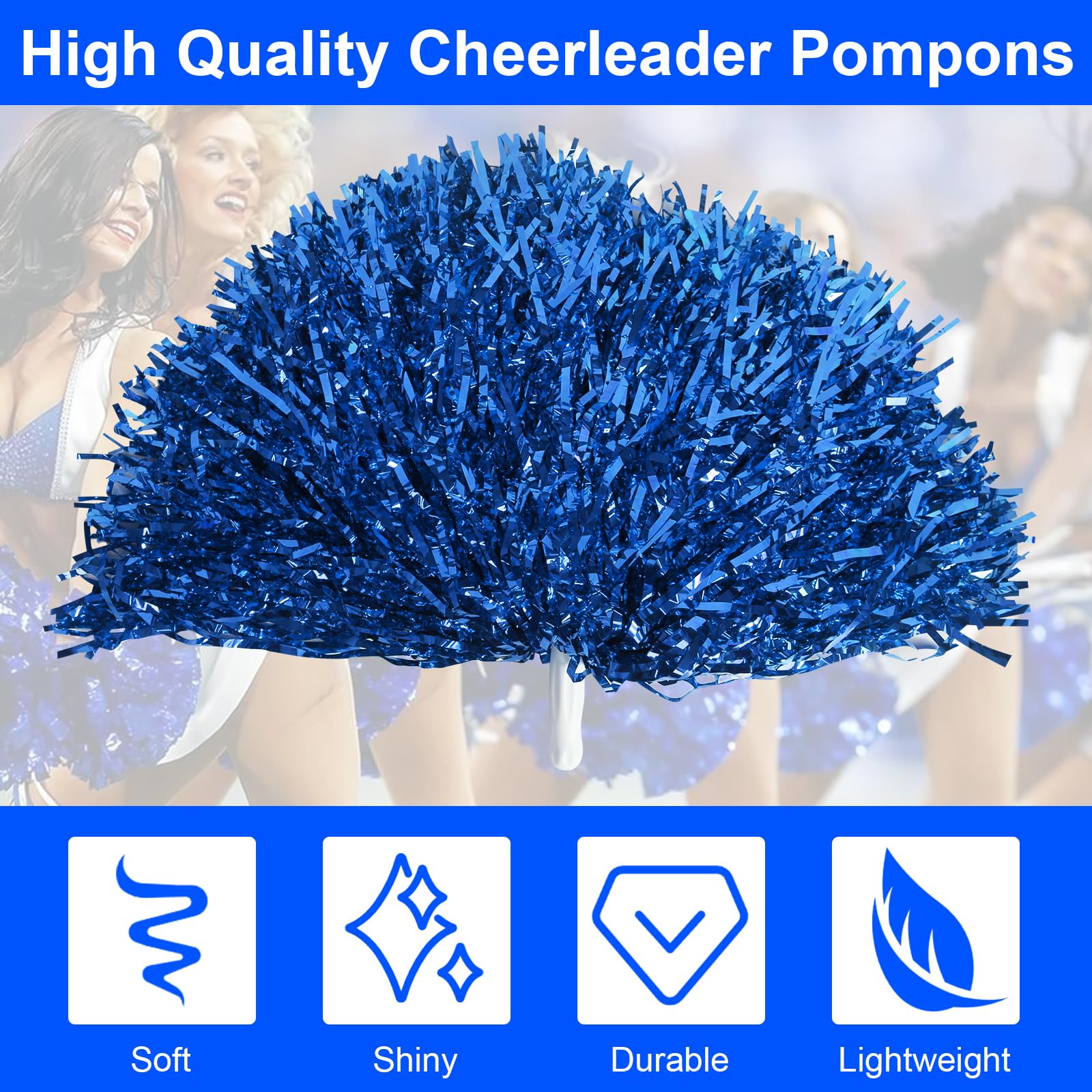 Pompons Pom-pom Girl, 2 Pièces Pompom Girl Pompom Poms avec Chaussettes et Gomme pour Cheerleading, Pompom Girls avec Poignées, Poms Cheer Poms pour Cheerleading et Gymnastique (Bleu)