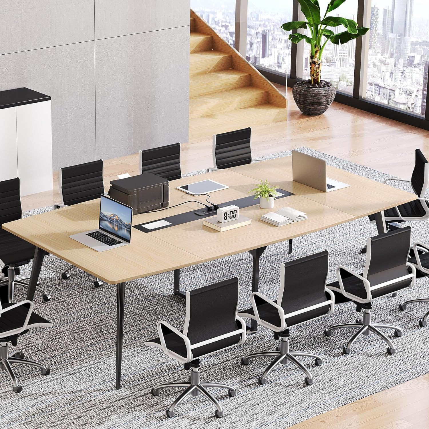 DWVO 8FT Conference Table, 94.5" Boat Shaped Meeting Table with Power Outlets &amp; Rectangle Grommet, Modern Seminar Table for Office Conference Room, Boardroom Desk