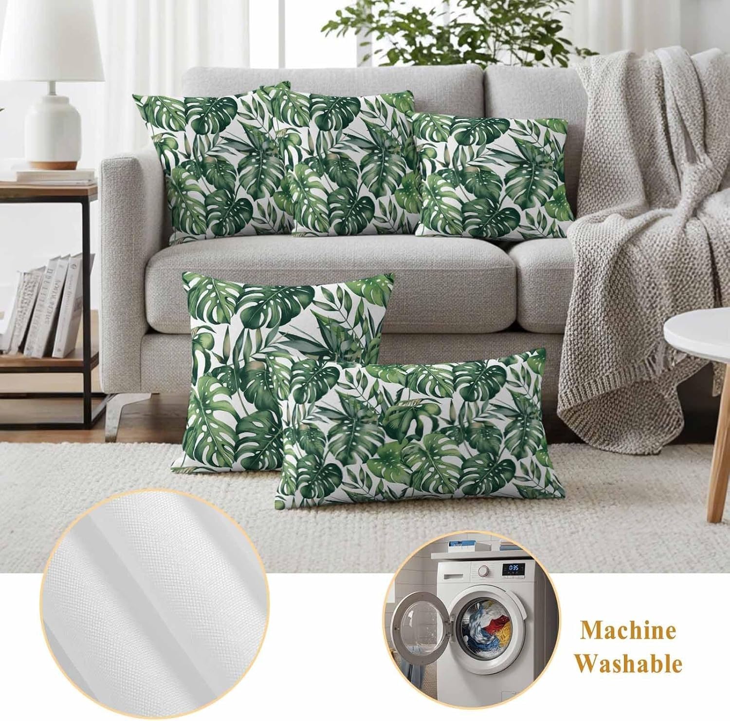 Fundas de almohada, diseño de hoja de palma verde acuarela, estilo tropical moderno, fundas de cojín decorativas de lino para sofá del hogar
