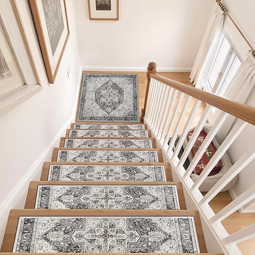 Miniatura 28 de OJIA Alfombra antideslizante a juego para peldaños de madera, parte trasera de goma cuadrada antideslizante, alfombra de aterrizaje para escaleras