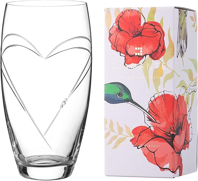 DIAMANTE Heart in Heart Large Hand Cut Crystal Barrel Vase with Swarovski Crystals - 26cm