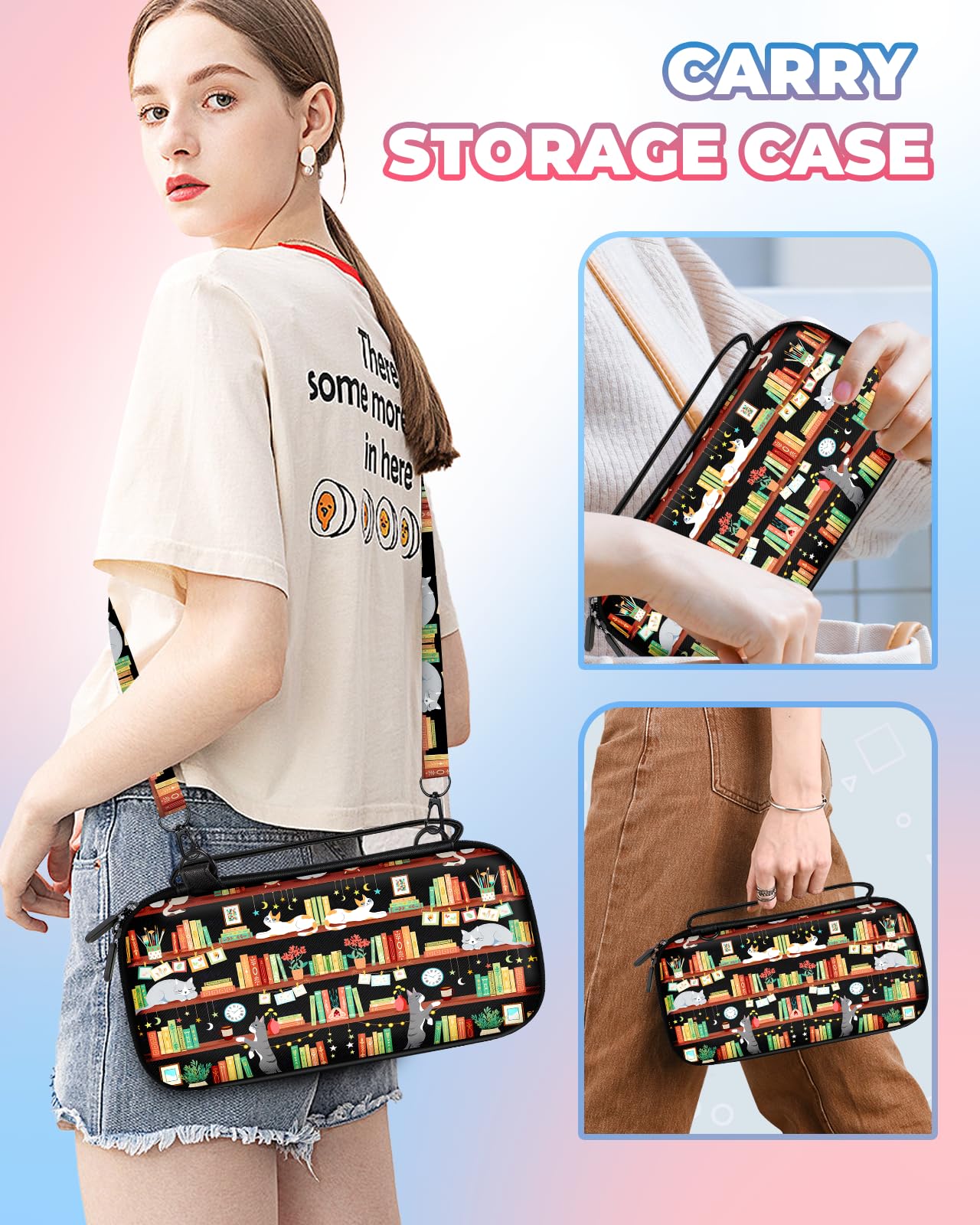 Funda de transporte para Nintendo Switch/Switch OLED, funda de transporte de viaje, funda protectora rígida, estantería para libros, gatos, niñas, niños, accesorios, bolsa de almacenamiento