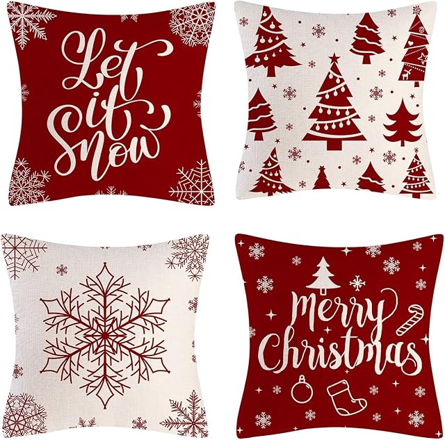 Christmas Cushion Covers Red Xmas Pillow Covers 45cm x 45cm Set of 4 Farmhouse Holiday Pillow Cases for Home Sofa Couch Christmas Decorations