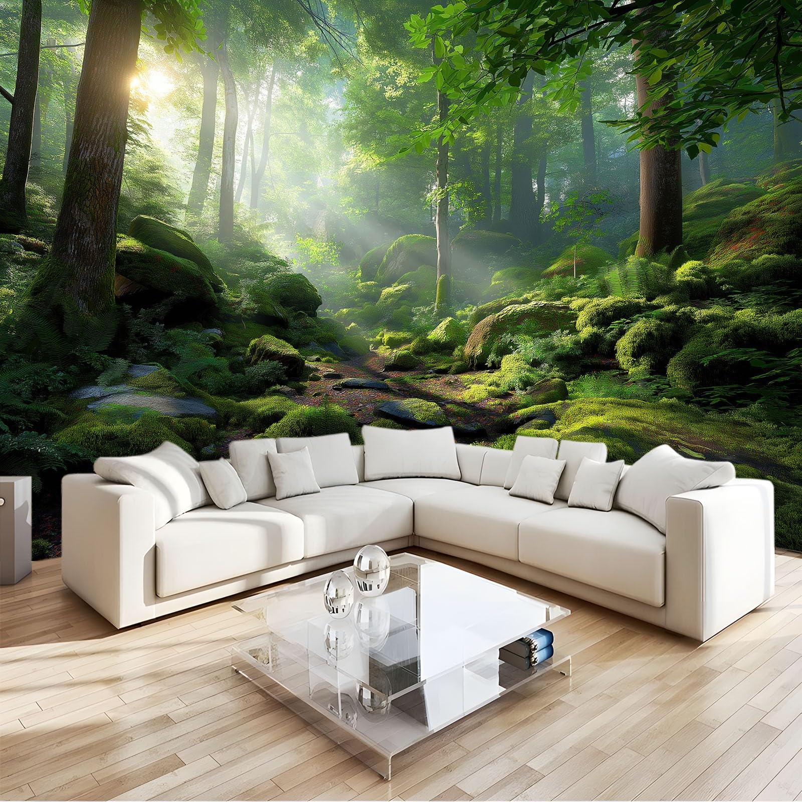 Générique Tapeta z włókniny Natura Słoneczny Las Moussus Rocks 200 x 140 cm, zielona tapeta panoramiczna fotograficzna, łatwa do zainstalowania dekoracja ścienna do salonu, sypialni, kuchni
