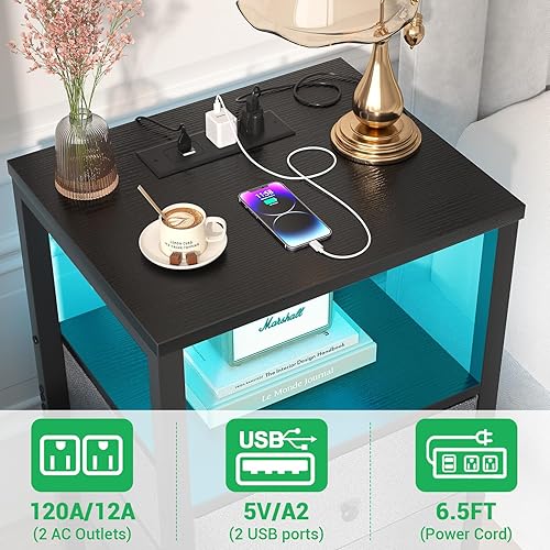 Miniatura 6 de Cyclysio Mesita de noche con estación de carga y luces LED, mesita de noche con cajones, mesitas de noche de 25.6 pulgadas con almacenamiento para