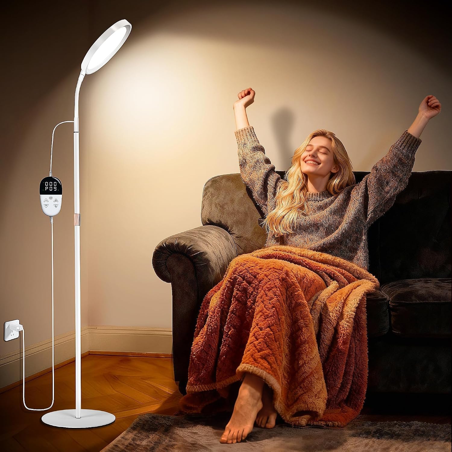 KingSom Tageslichtlampe 11000 Lux, Lichttherapielampe mit LCD Touch Control | Höhenverstellbare Tageslichtlampe Stehlampe, Sonnenlicht Lampe mit 9 Helligkeitsstufen, 3 Farben, Timer für Schlafzimmer,Büro