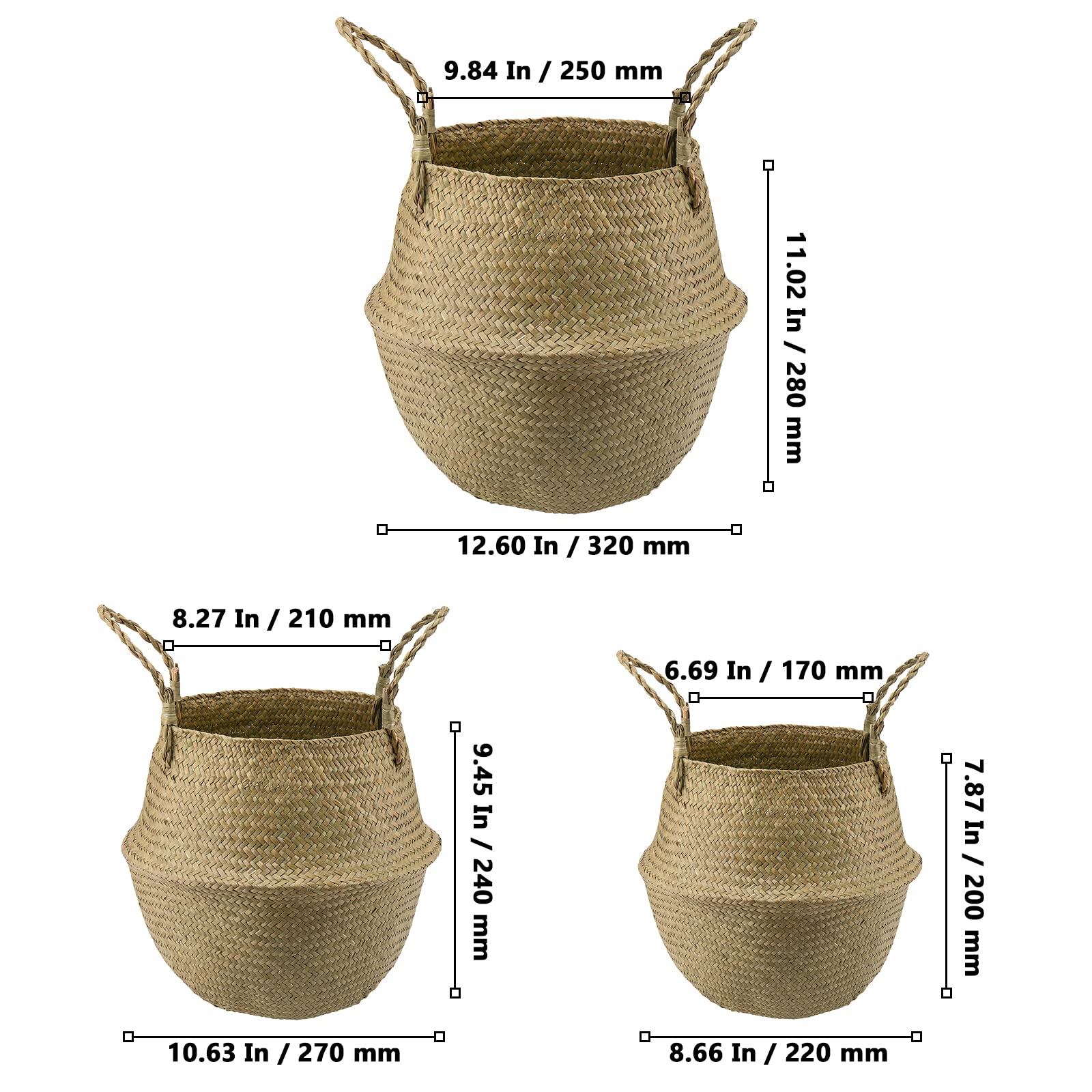 MUKLEI 3 cestas de hierba marina para el vientre, maceta tejida de 3 tamaños con asas, cesta de lavandería para sala de estar, dormitorio, baño, estantes