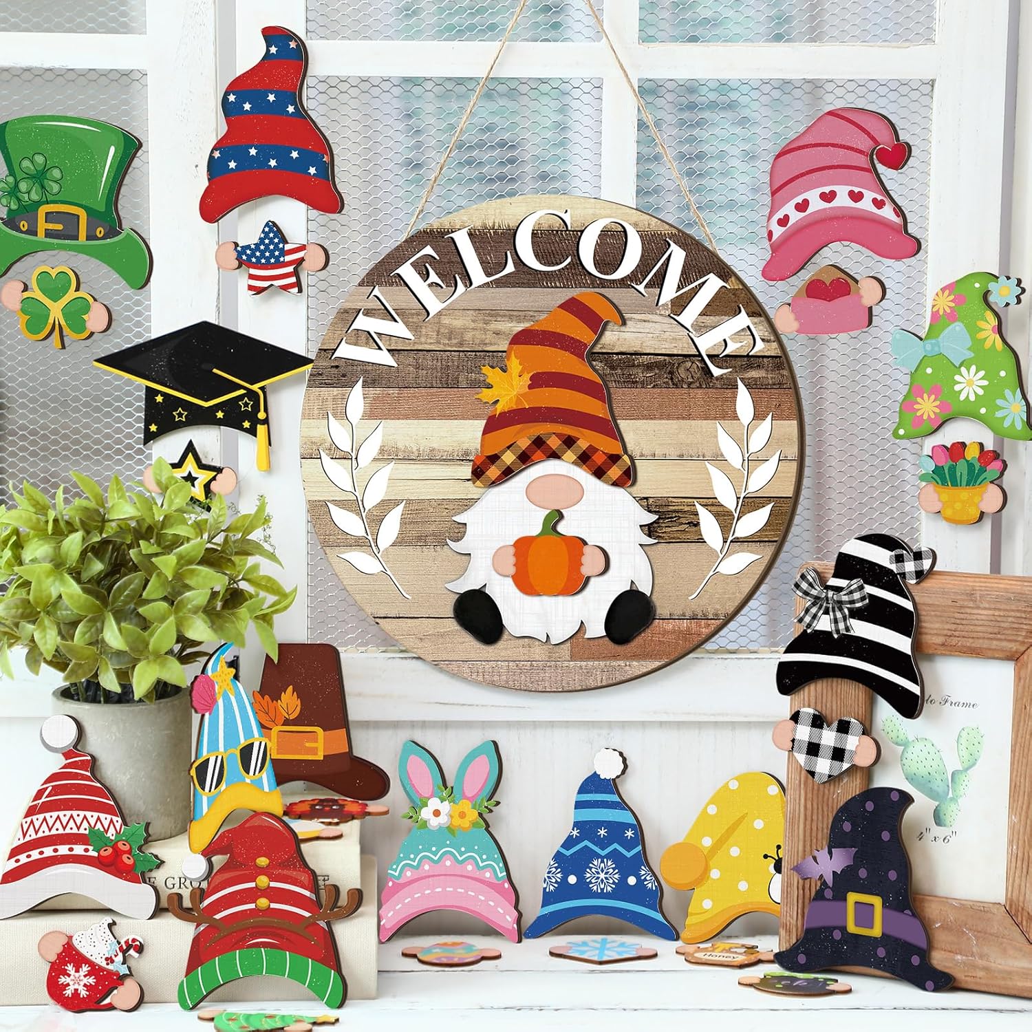 Qunclay Interchangeable Wooden Gnome Decor Holiday Seasonal Gnome Decorations with Magnet Pieces and Detachable Hats Changeable Welcome Sign for Home (Farmouse) - Image 4