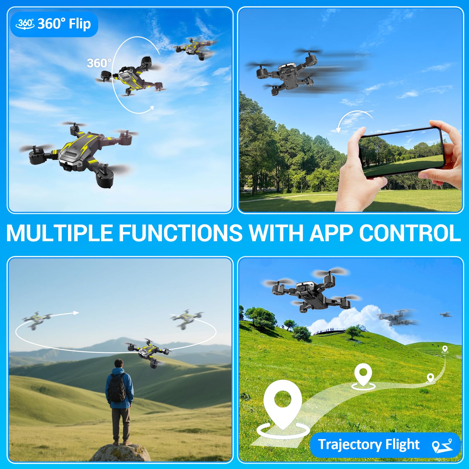 Drone con Doppia Camera HD per Principianti, Drone Pieghevole per Bambini, 3D Flip, Decollo/Atterraggio 1 Tasto, Modalità Headless, Volo a Waypoint, per Bambini o Novizi, 2 Batterie