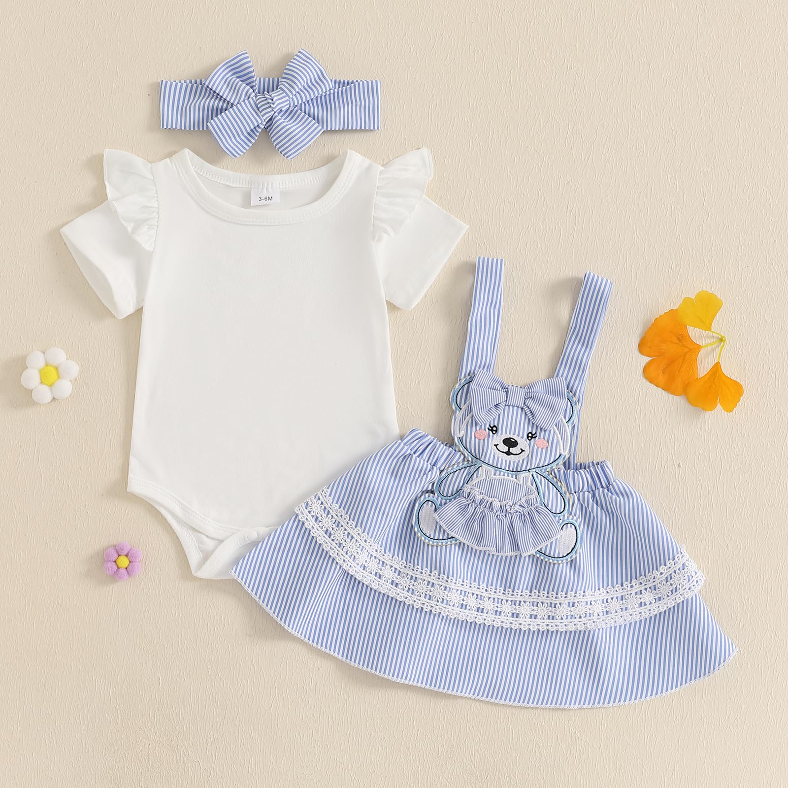 Newborn Baby Girl Ruffle Romper Bear Suspender Skirt Set Overall Dress Headband 3Pcs Summer Clothes Set (White, 6-9 Months)