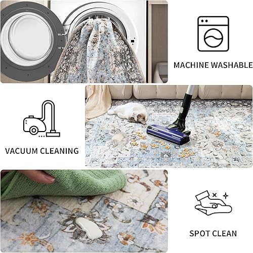 Miniatura 5 de Ruggnovea Alfombra de área de 5 x 7 pies para sala de estar, lavable, antideslizante, suave, de pelo bajo, alfombra moderna con impresión de rayas,