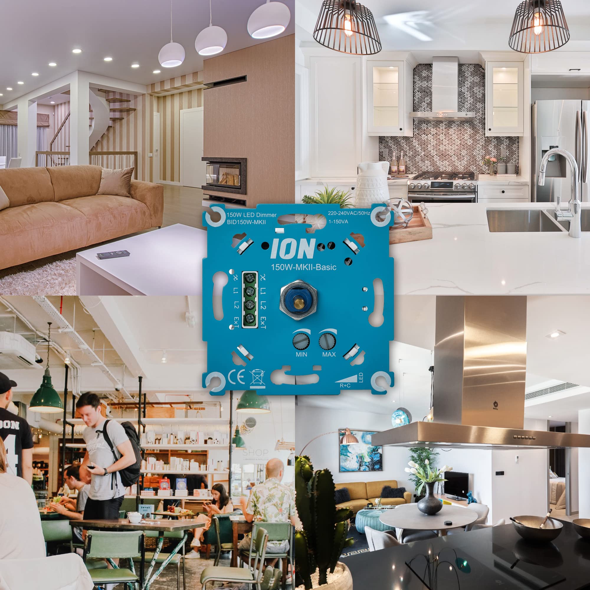 LED-Dimmer 150W MK-II Basic Ion Industries Dimmschalter Dimmbare Led - Wandschalter mit zeitlosem Design - Professioneller dimmbarer Lichtschalter - Drehdimmer - Dimmer - Einbau -