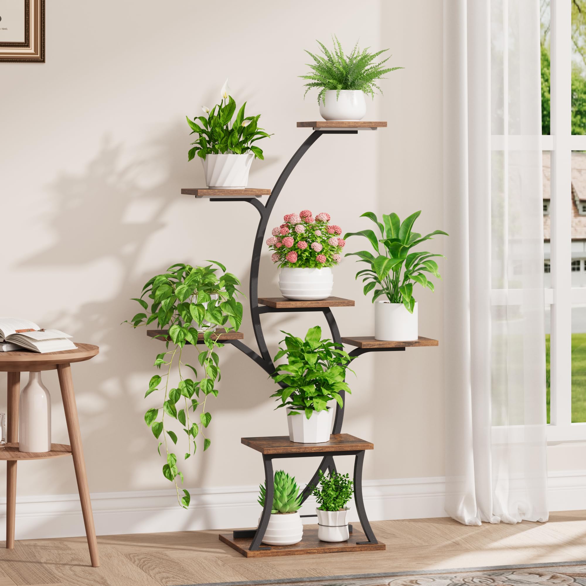 BACEKOLL Soporte para plantas de interior con luces de crecimiento, 7 niveles, soportes esquineros de 44 pulgadas, estantes de metal para plantas, estante curvado para plantas para sala de estar