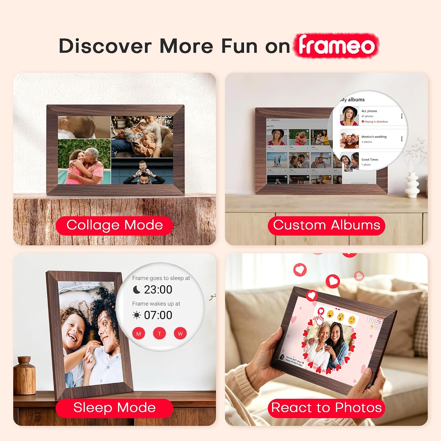 Frameo Digital Picture Frame, 10.1 Inch WiFi Electronic Photo Frame Slideshow, 1280X800IPS Touchscreen, 32GB, Tabletop&Wall-Mounted, Share Videos Pictures, Gifts for Mom, Women, Wedding, Housewarming