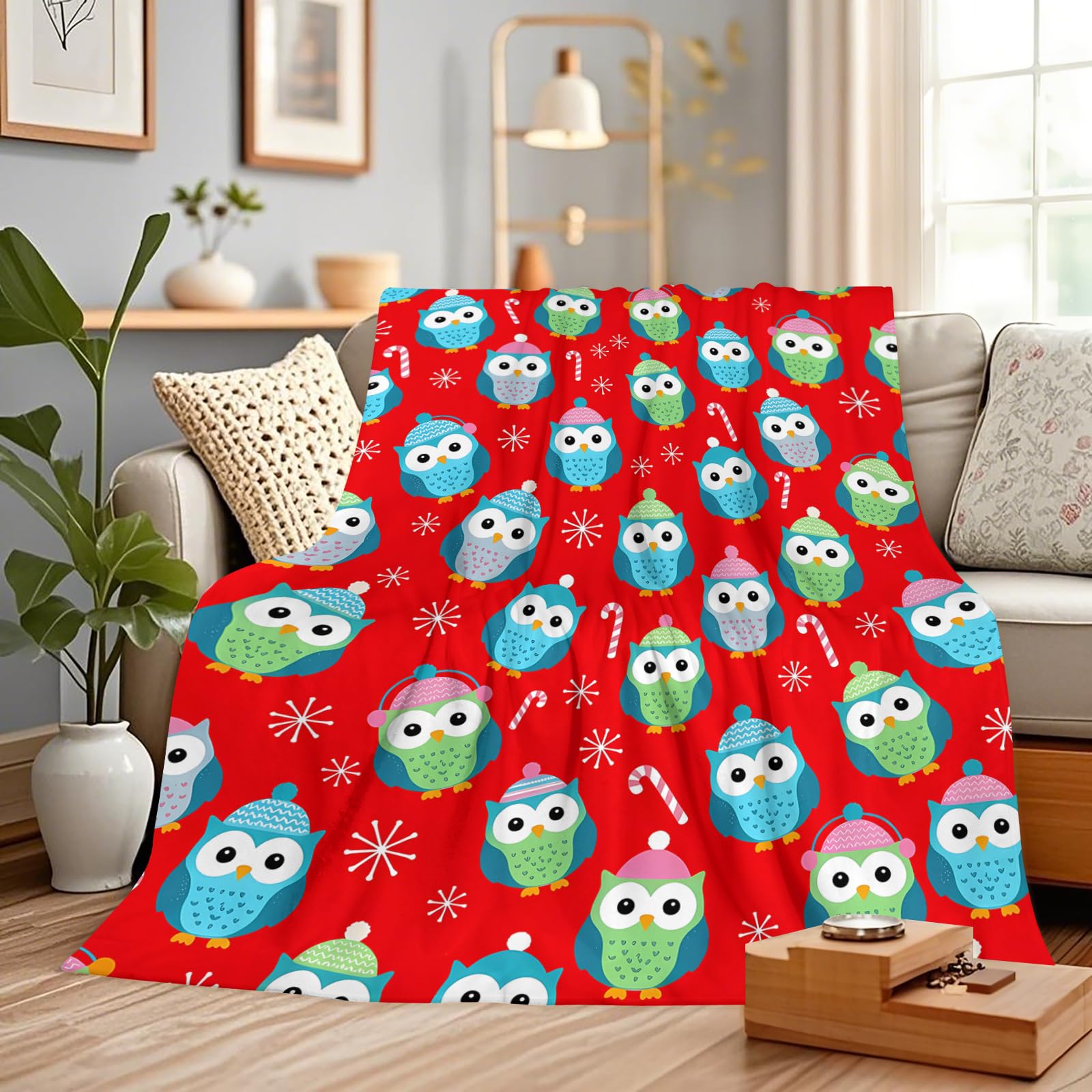 Luxury Velvet Owl Throw Blanket, Super Soft Flannel, Holiday Home Decor, Fuzzy Warm Cozy Gift, 127 x 102 cm