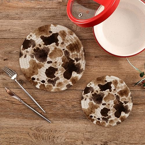 Miniatura 2 de Boccsty Salvamanteles de piel de vaca marrón para ollas y sartenes estilo campestre, 2 almohadillas calientes, soporte para ollas de cocina para