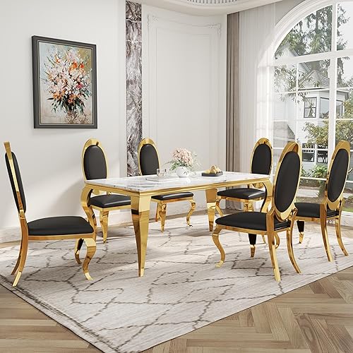 Miniatura 28 de Juego de mesa de comedor de 7 piezas para 6, juego de mesa de comedor de mármol sintético con mesa de comedor de mármol de 70 pulgadas y 6 sillas de