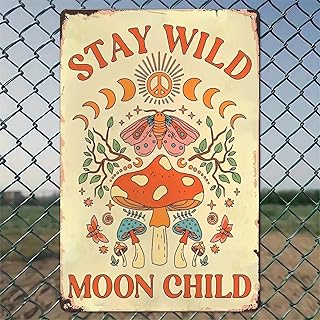 STAY WILD MOON CHILD Bohemian Moon Mushroom Butterfly Peace Sign Rustic Aluminum Wall Art & Metal Tin Sign - 8x12in Vintage Indoor Outdoor Decor for Home, Office, Cafe, Yard & Garden