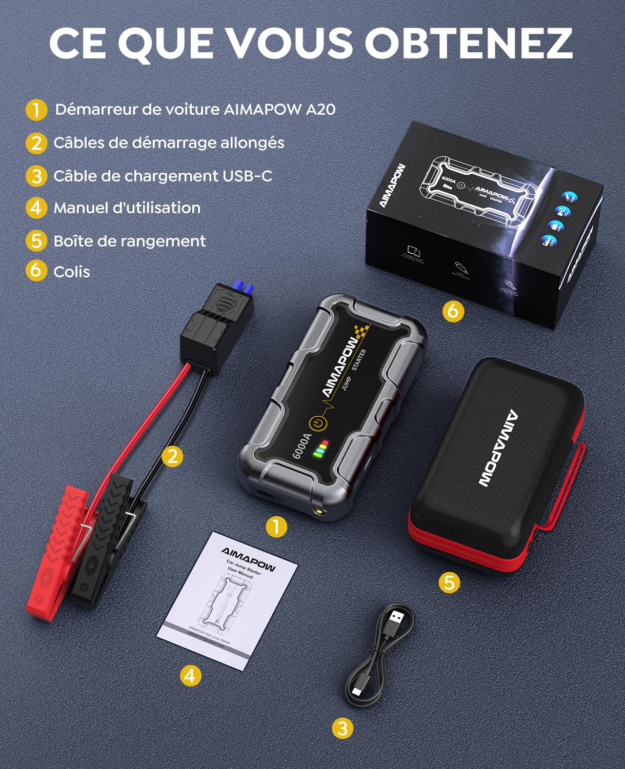 AIMAPOW Booster Batterie Voiture 6000A, Démarreur de Voiture 12V (Jusqu’à Tout Gas ou 10.0L Diesel), Booster de Batterie, Jump Starter Portable avec Pinces de Sûreté Intelligentes, Lampe LED (A20)