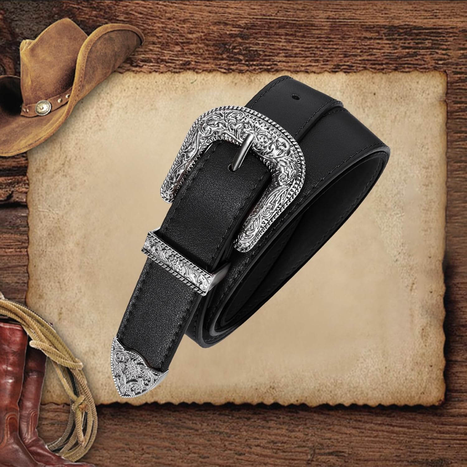 Western Belt for Women Cowgirl Cowboy Adjustable Belt for Jeans Pants with Silver Vintage Engraved Buckle - Image 9