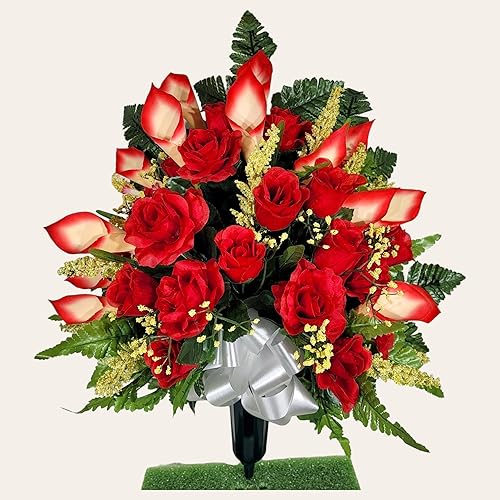 Miniatura 2 de Realistic Artificial Cemetery Flowers - Jumbo Silk Faux Floral Red Rose and Calla Lily Bouquet for Grave - 1 Large Headstone Decoration - Memorial