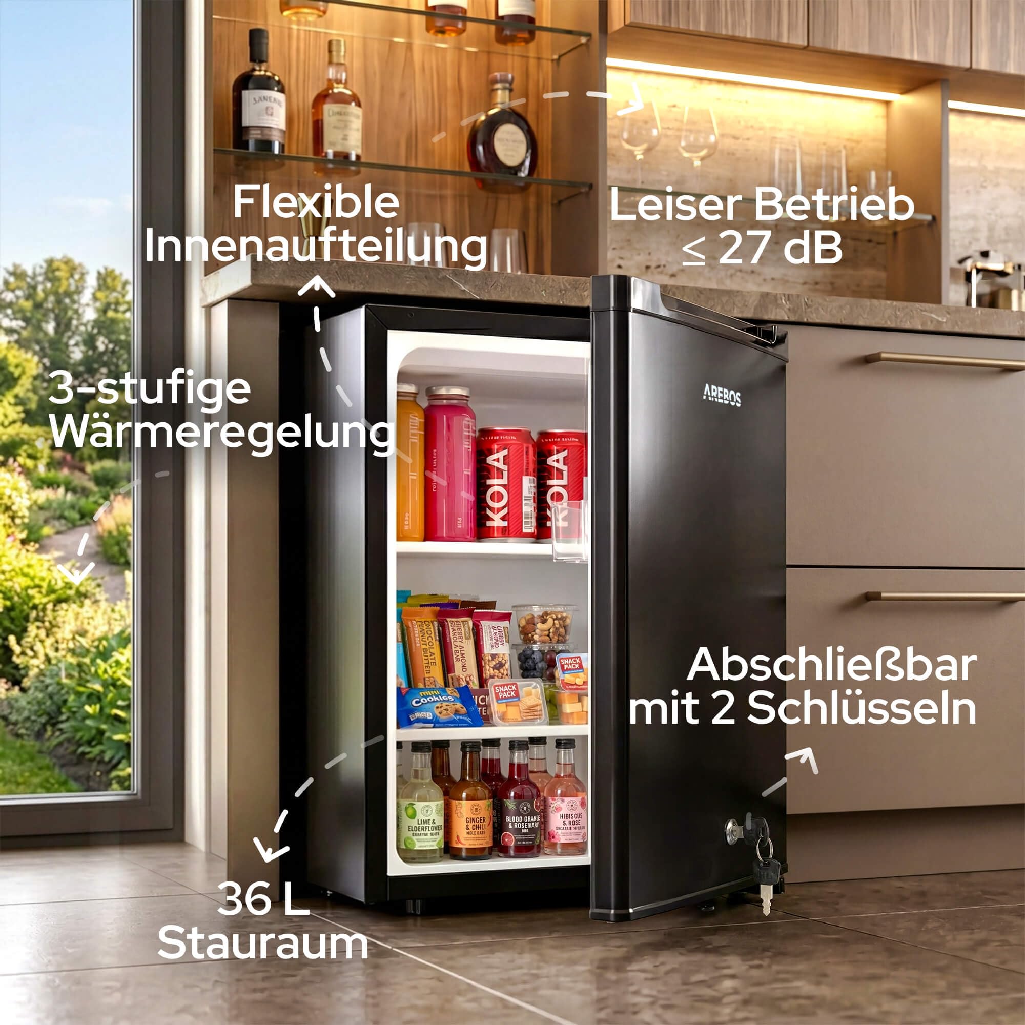 Arebos Mini Kühlschrank 40L | leise Minibar & Getränkekühlschrank | abschließbar mit LED & Temperaturregelung | kompakter Bürokühlschrank ohne Gefrierfach | Schwarz