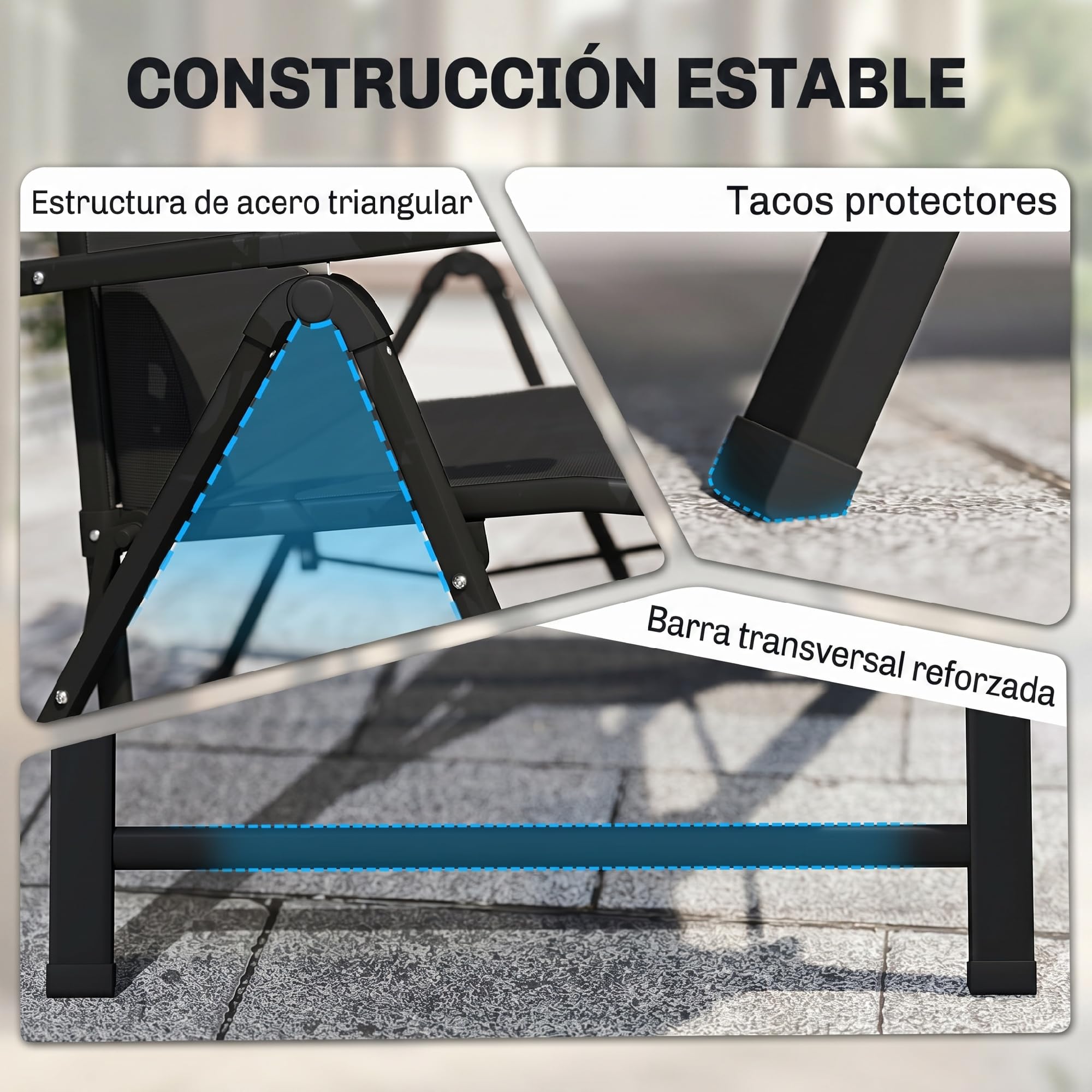 Outsunny Silla Reclinable Plegable de Jardín 9 Posiciones 150 kg Negro | Respaldo Ajustable, Cojín Lumbar, Estructura de Acero y Textilene Transpirable