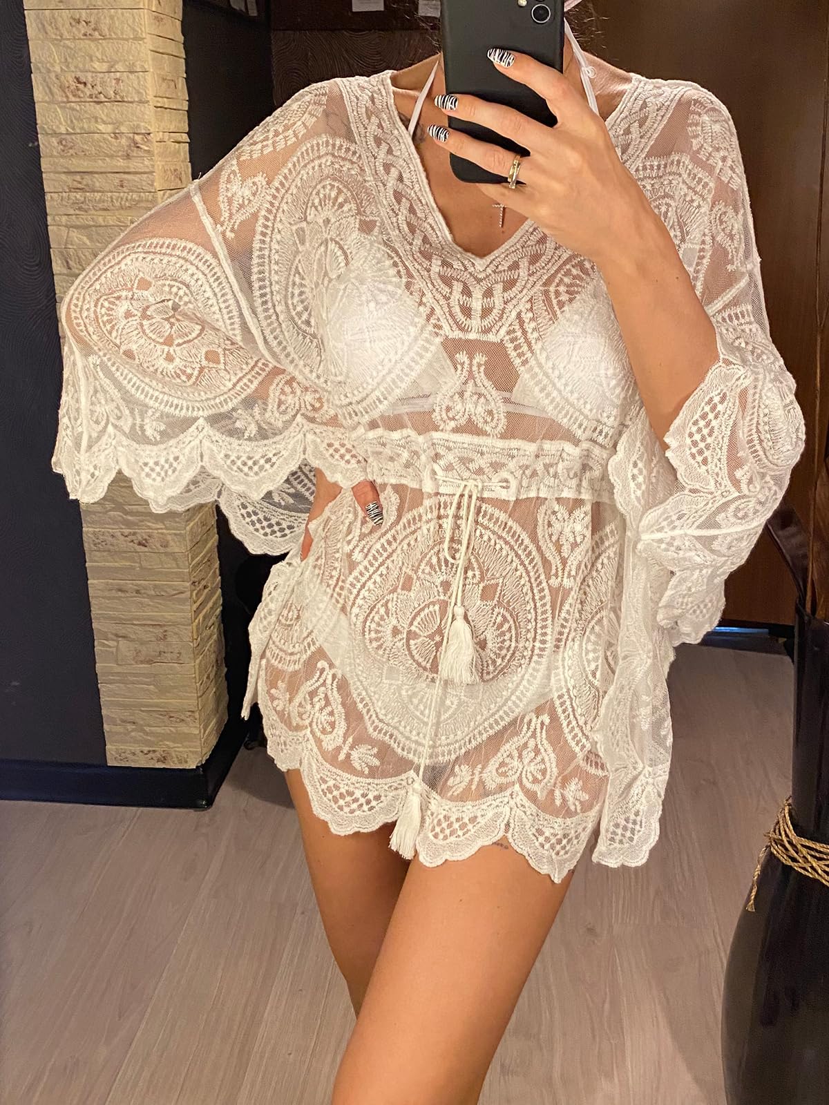Robe De Plage Sexy Dentelle Voir à Travers à Manches Longues Tunique Plage Cache-ups Robe de Plage vêtements de Plage vêtements de Plage Femmes Robe Plage