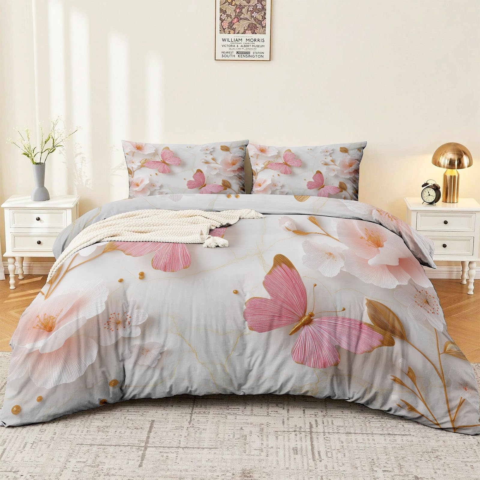 Housse de couette 220x240 chic avec dentelle et motifs papillons élégants