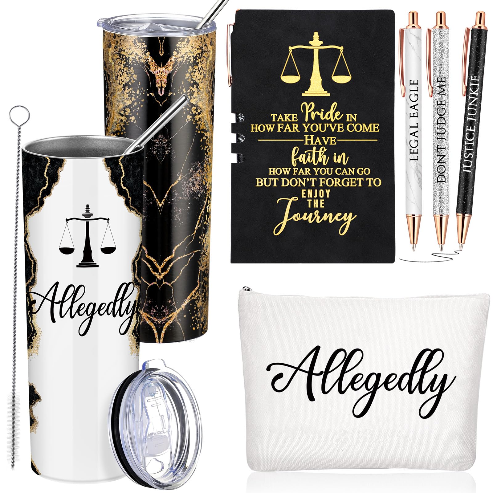 Domensi 6 Pcs Funny Allegedly Lawyer Judge Gift Inspirational Gift for Law Student 20 oz Tumbler Marble Sign Makeup Bag Notepad Ballpoint for Law