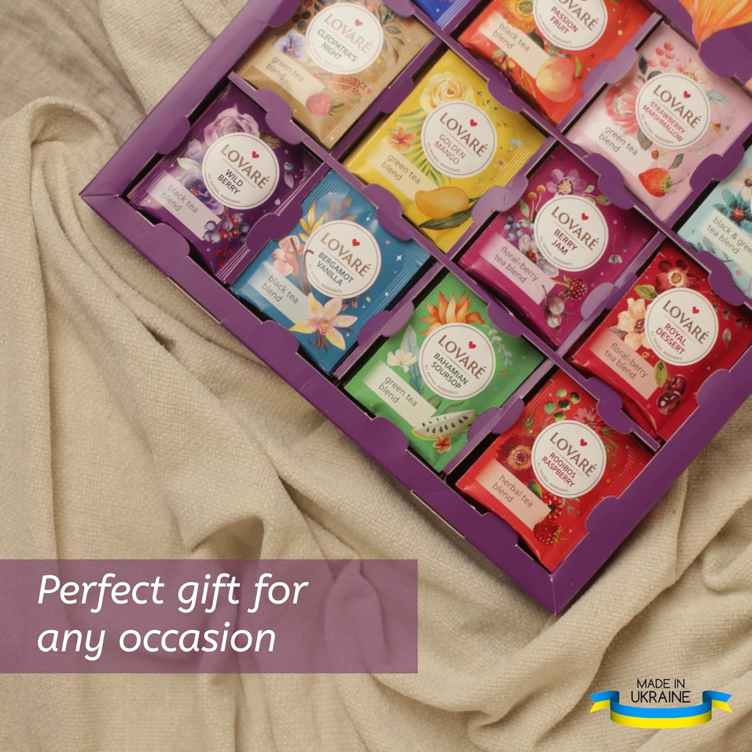 Tea Set By Lovare Made in Ukraine - Black and Green, Fruit, Lavender, Peach Assorted Tea Samplers - Fancy Variety of Tea Packets - Gift Box For Flavored Tea Lovers Men & Women - 60 bags - 12 tastes : Grocery & Gourmet Food