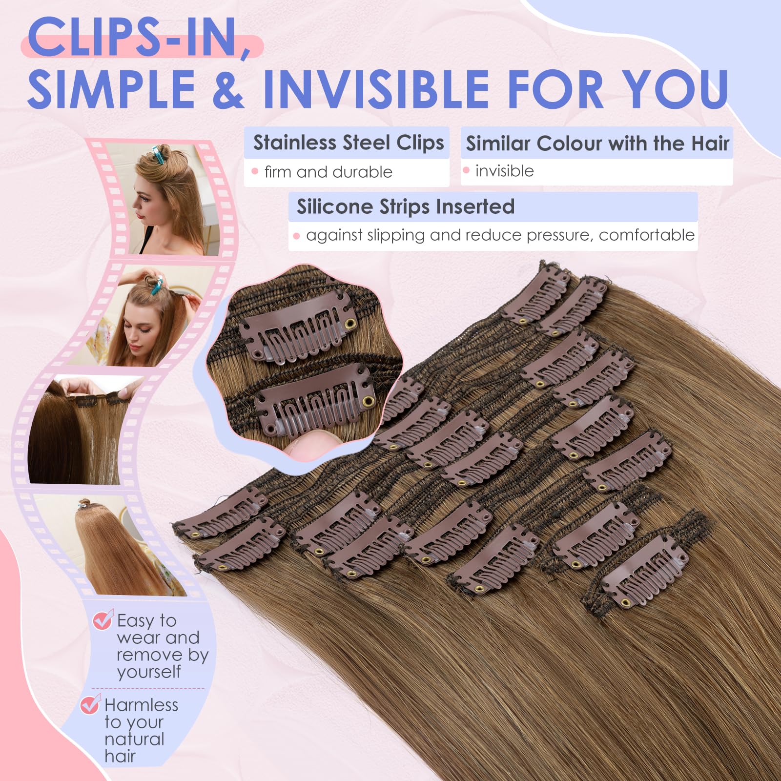 Elailite Double Weft Clip in Hair Extensions Real Human Hair Thick Remy Natural Hair, 8 Pieces Full Head Straight - Image 4